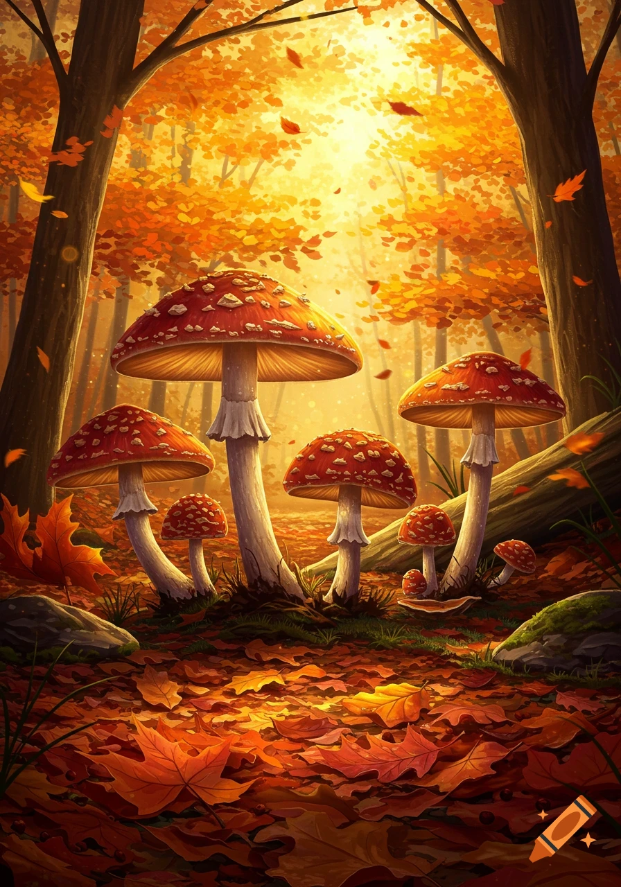 Vibrant illustration of red and white spotted mushrooms on an autumn forest floor covered in orange leaves, with golden light filtering through the trees.