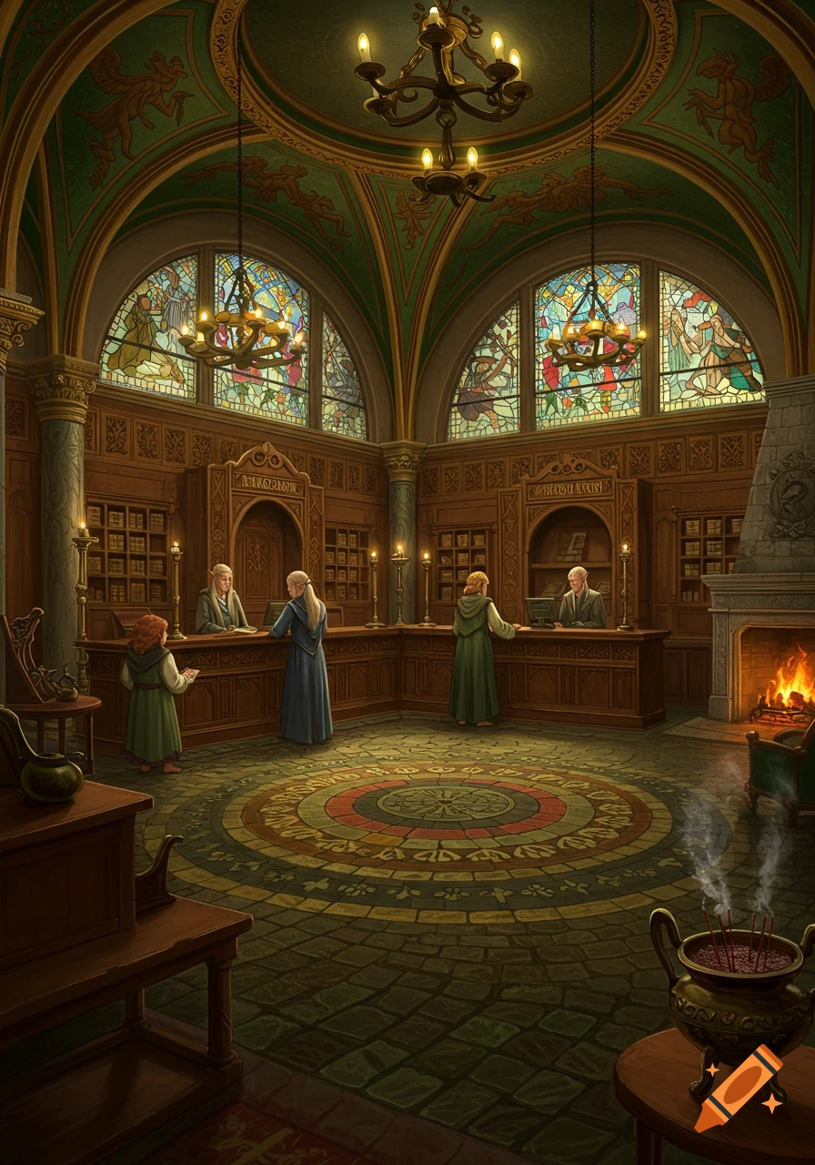 Detailed fantasy illustration of a grand bank or library interior with ornate wood, stained glass, and several people at counters.