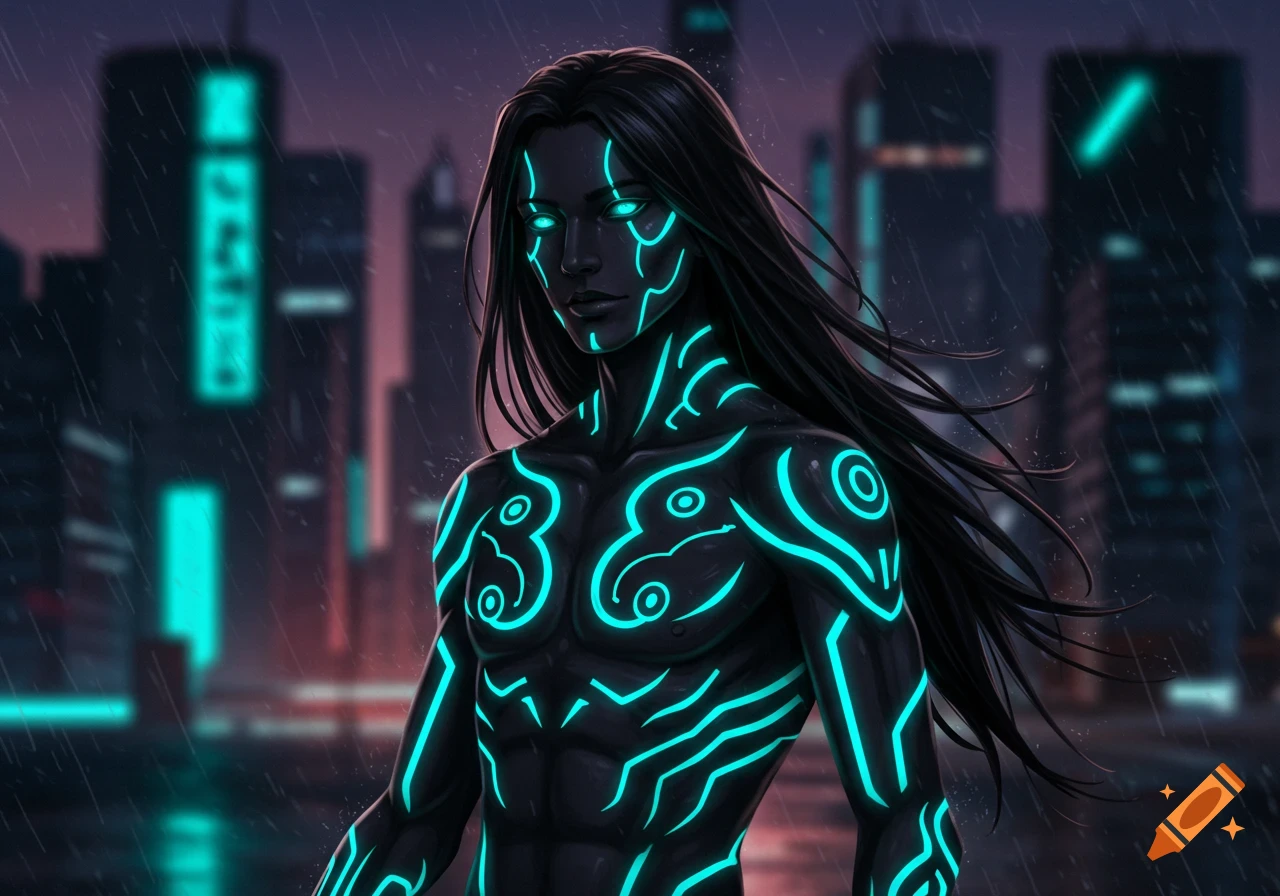 Slender anime guy with long black hair, black skin, and glowing neon cyan tattoos and eyes, standing in a rainy cyberpunk city at night.