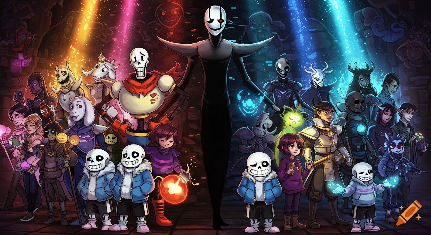 A vibrant illustration of many Undertale characters like Sans, Papyrus, and Frisk, divided by a central tall, dark figure, W.D. Gaster, with glowing lights.