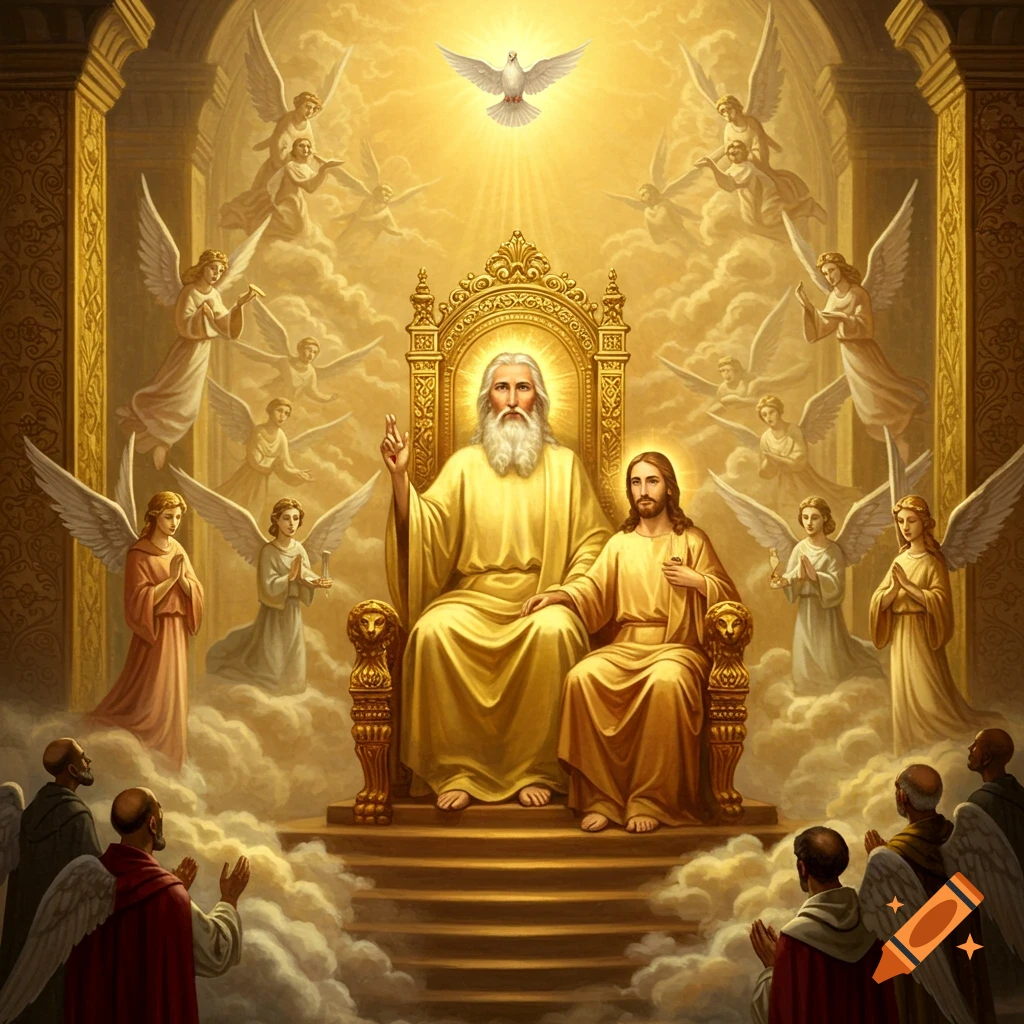 God the Father and Jesus Christ on golden thrones, with a dove above, surrounded by angels and saints in a majestic, heavenly setting.
