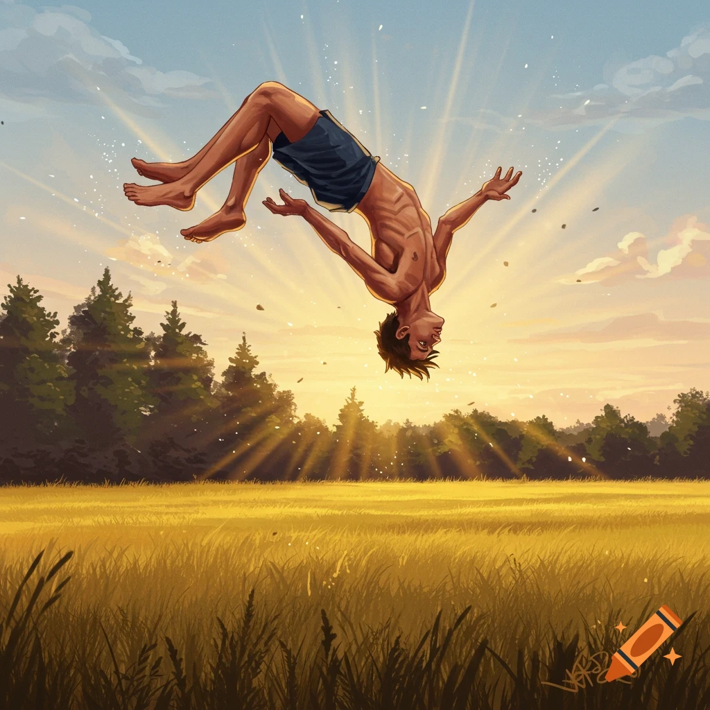 An illustration of a young man doing a backflip over a golden field with a forest and sun rays in the background.