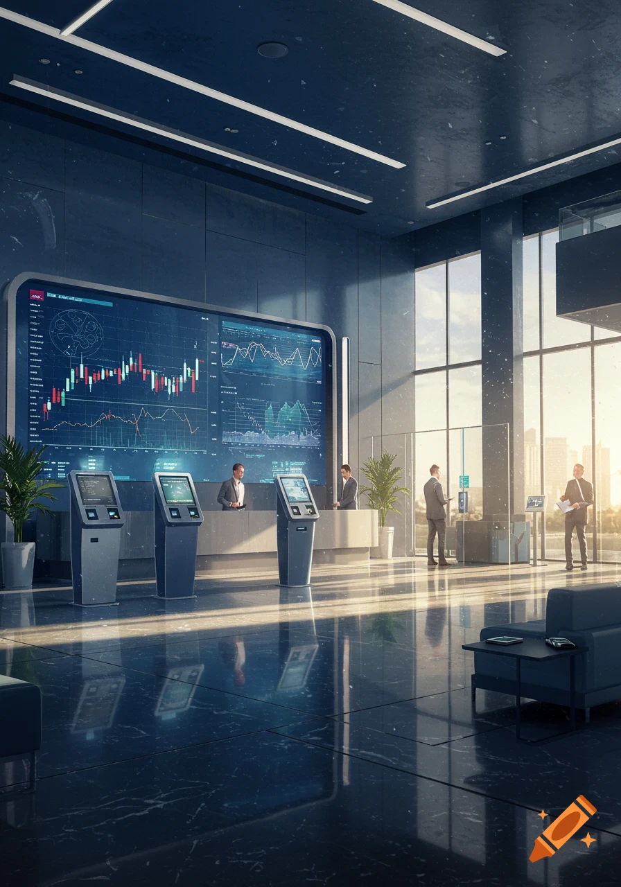 A modern, sleek bank lobby features a large screen displaying financial charts, several self-service kiosks, and business professionals in suits.