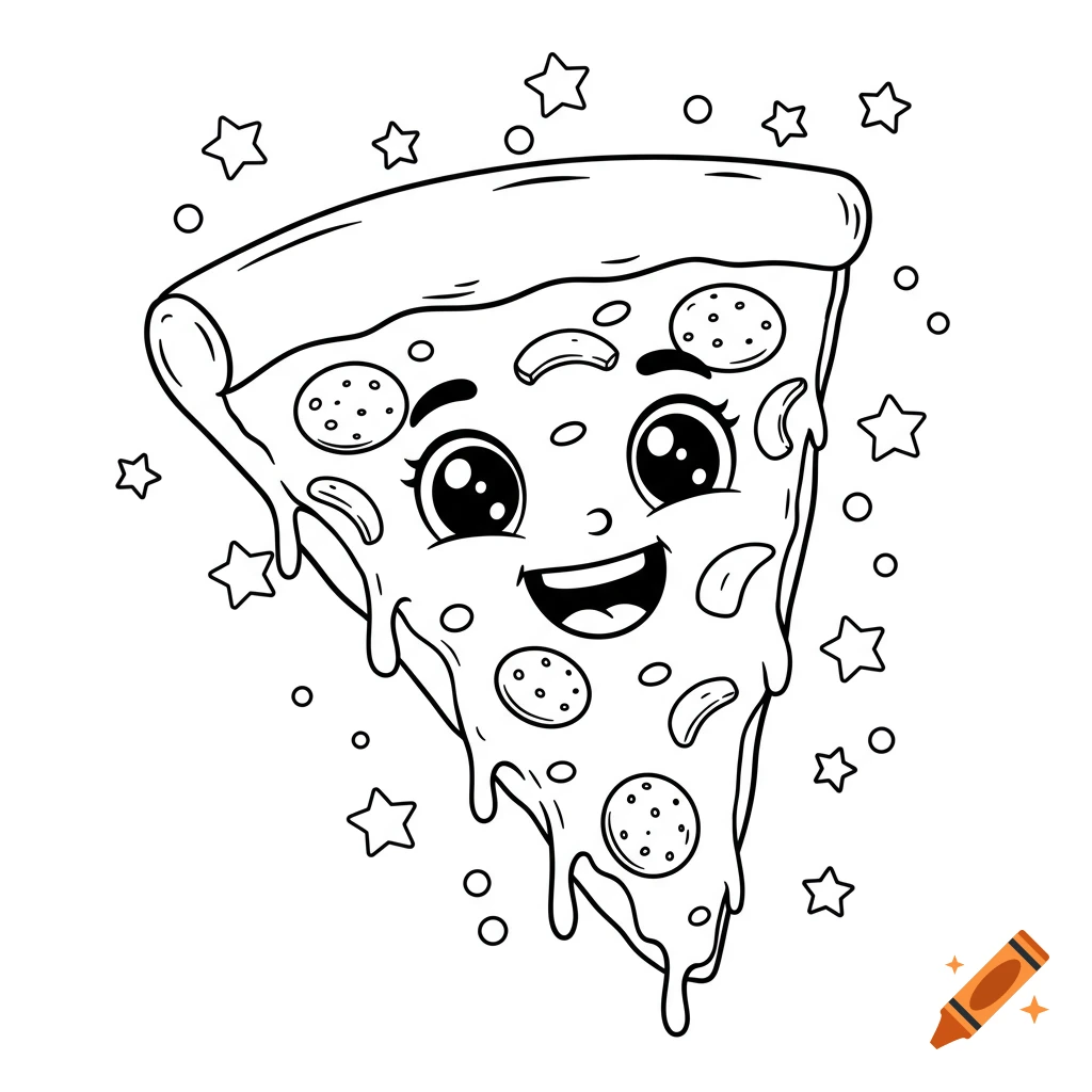 Black and white cartoon drawing of a happy pizza slice with big eyes, a smile, and stars, suitable for a coloring book.