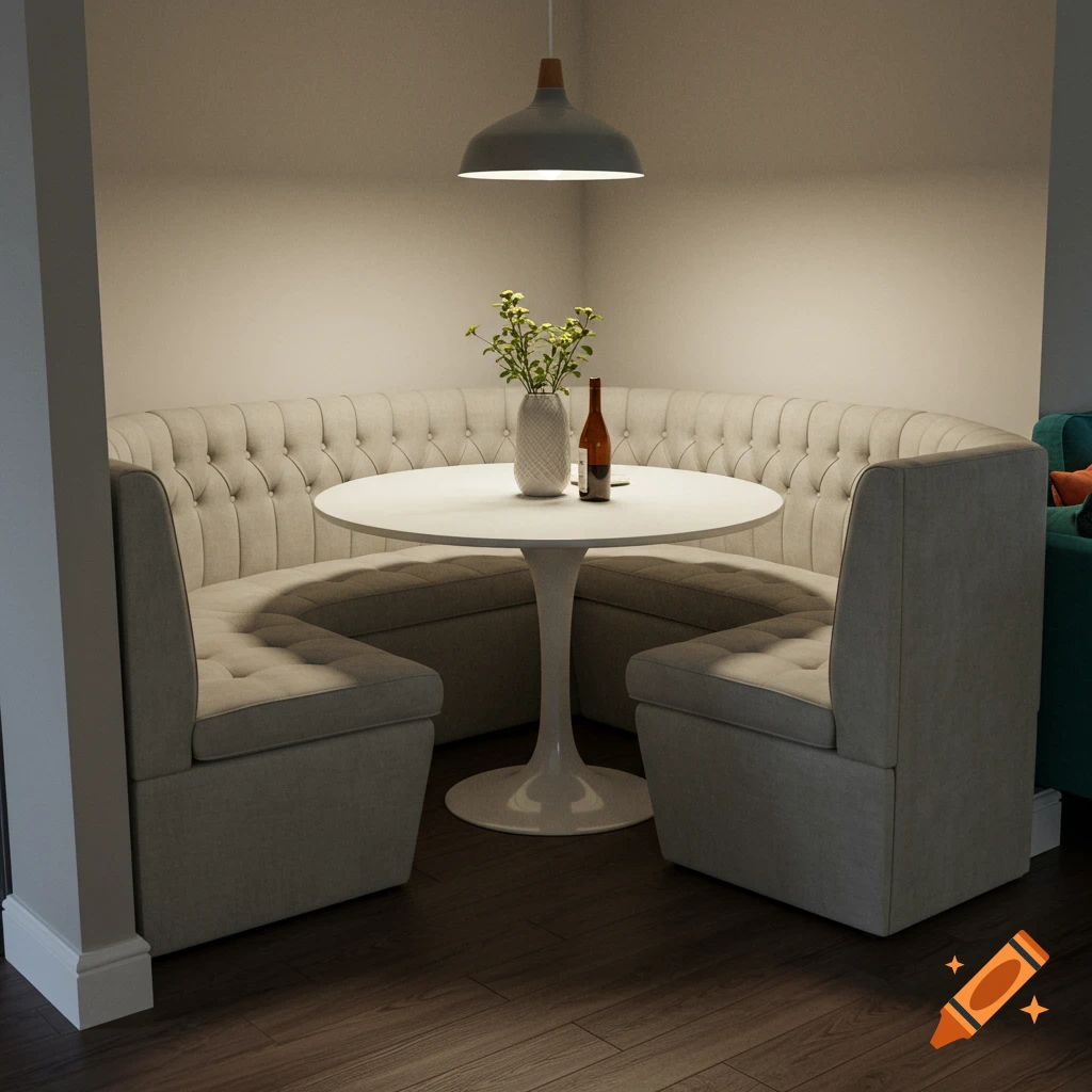 Beige tufted banquette seating with a white round pedestal table, vase, and bottle, under a pendant light.