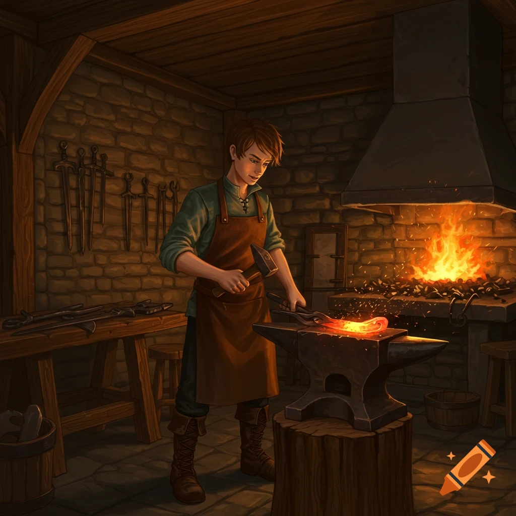 A teen blacksmith hammers glowing metal on an anvil in a rustic, warm-lit medieval forge, sparks flying.