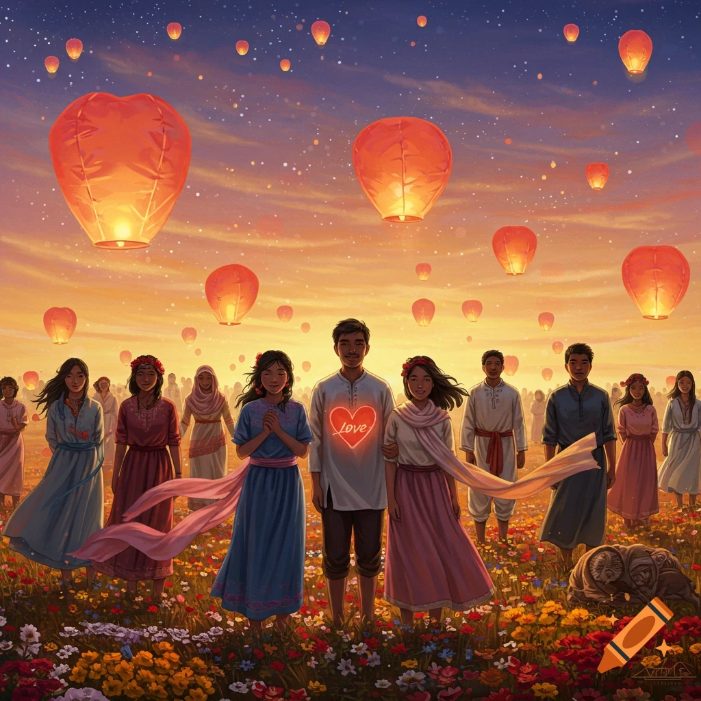 An illustration of diverse people in a field of flowers under a sunset sky filled with glowing lanterns; a man wears a shirt with a glowing 'Love' heart.