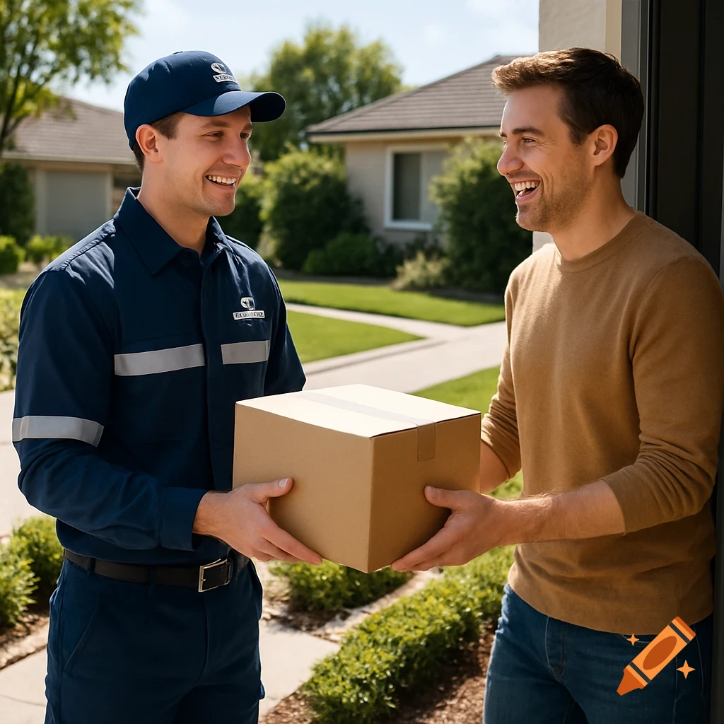 A friendly delivery driver in a blue uniform hands a package to a happy customer at a front door on a sunny day.