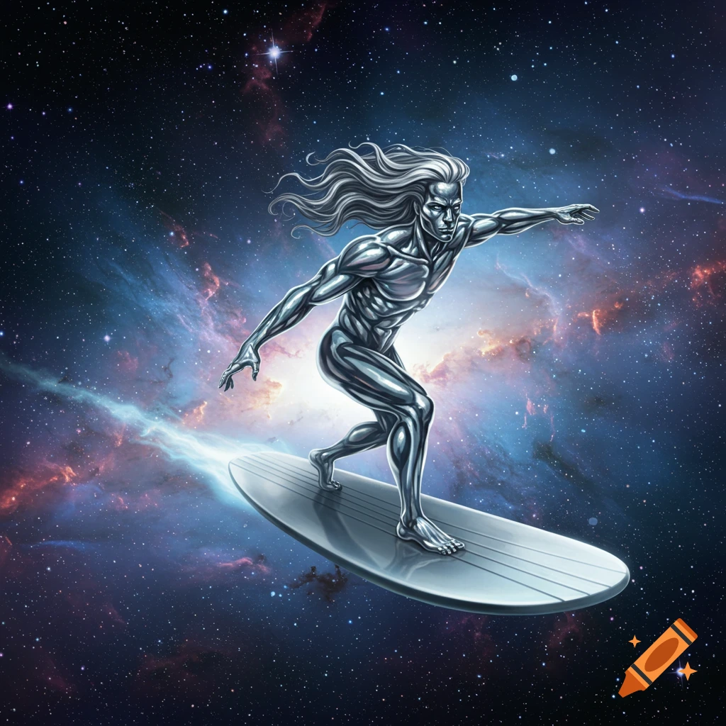 The Silver Surfer with flowing hair surfs on his metallic board through a vibrant, star-filled nebula in space.