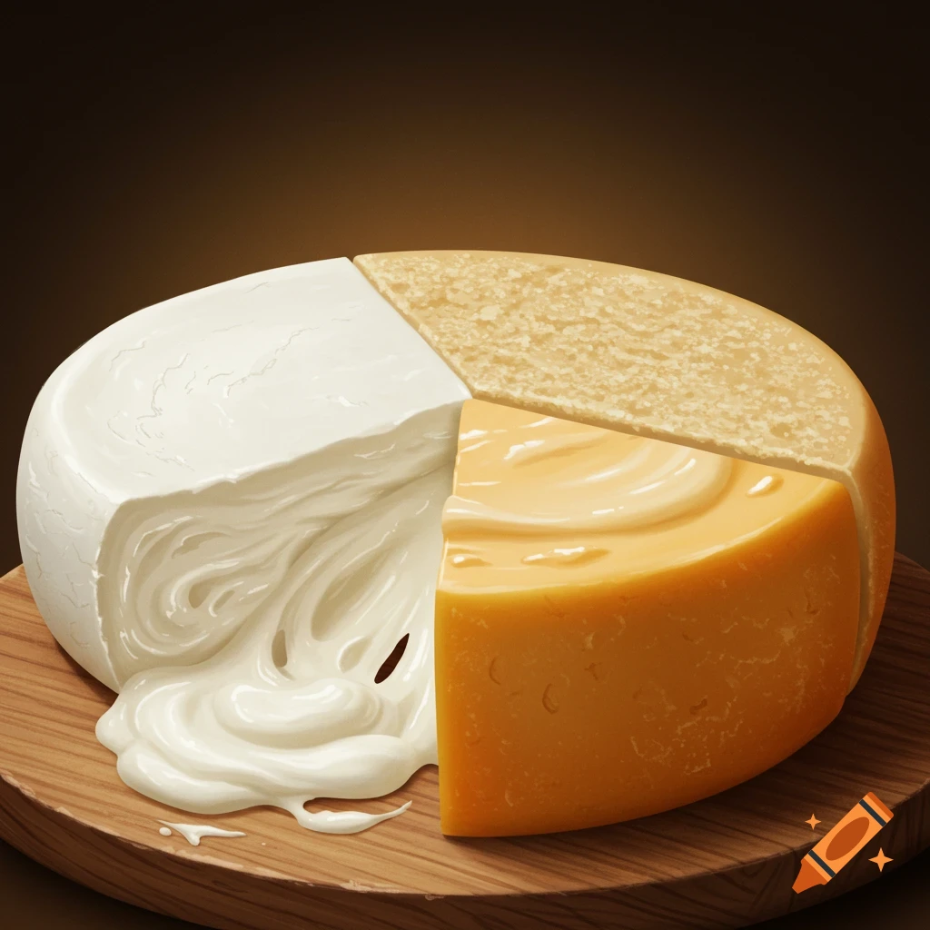 A photorealistic image of a cheese wheel composed of three different types of cheese: a soft white, a hard yellow, and an orange cheddar, all resting on a wooden board.
