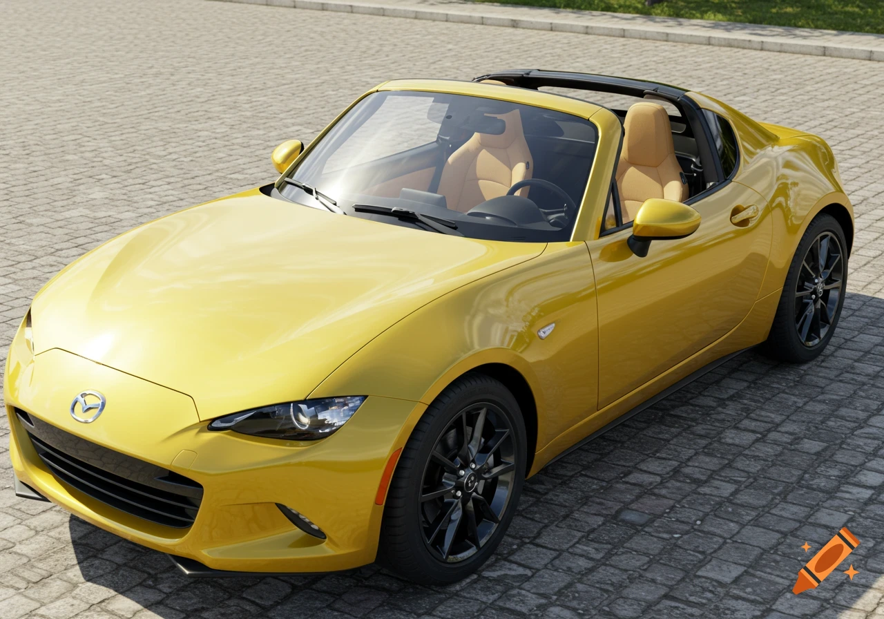 A high-angle view of a bright yellow Mazda Miata convertible with a tan interior parked on a cobblestone road.