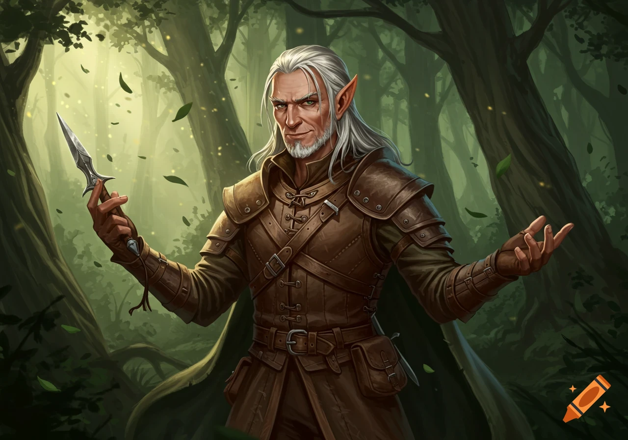 An old male elf with white hair and beard, wearing leather armor, holds a dagger in an enchanted forest.