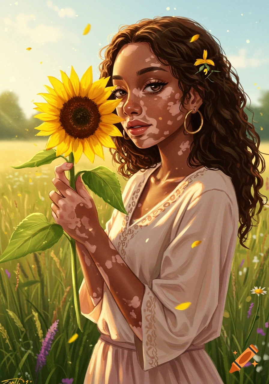 Vibrant digital art portrait of a woman with vitiligo holding a sunflower in a sunny field.
