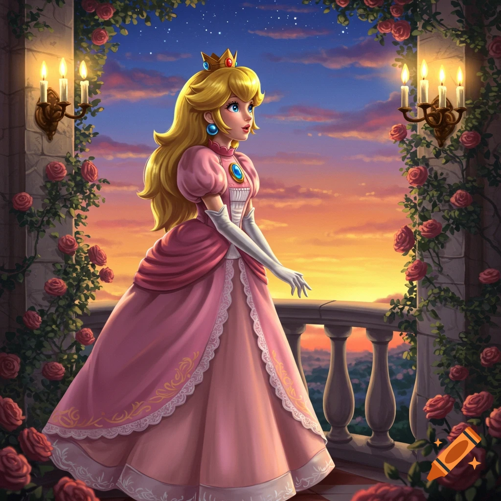Princess Peach in a pink gown stands on a rose-covered balcony overlooking a sunset, in a vibrant digital illustration.