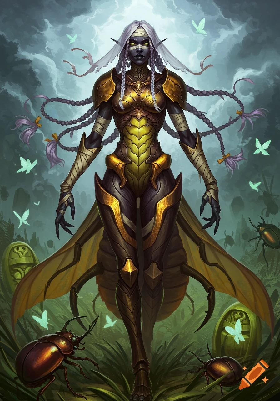 A dark elf-like creature with white hair and glowing eyes, wearing golden insectoid armor, stands amidst green foliage with beetles and glowing butterflies.