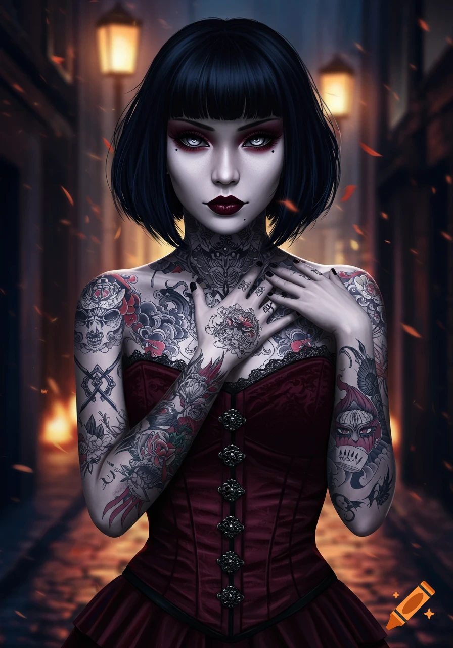 A gothic woman with short dark hair, pale skin, and heavy makeup, adorned with intricate Japanese-style tattoos, wearing a red corset in a dimly lit alley.
