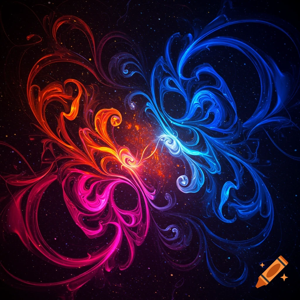Vibrant abstract fractal pattern with glowing red, orange, pink, and blue tendrils intertwining on a dark, starry background.