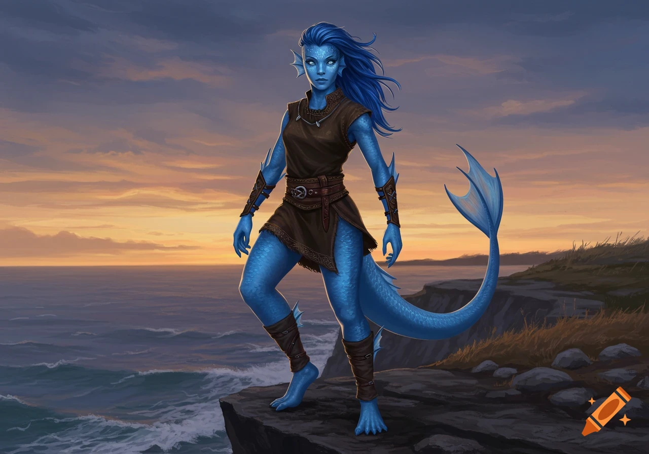 Blue-skinned humanoid with blue hair, webbed fingers, and a fin-plate tail stands on a cliff over a sunset ocean, fantasy art.