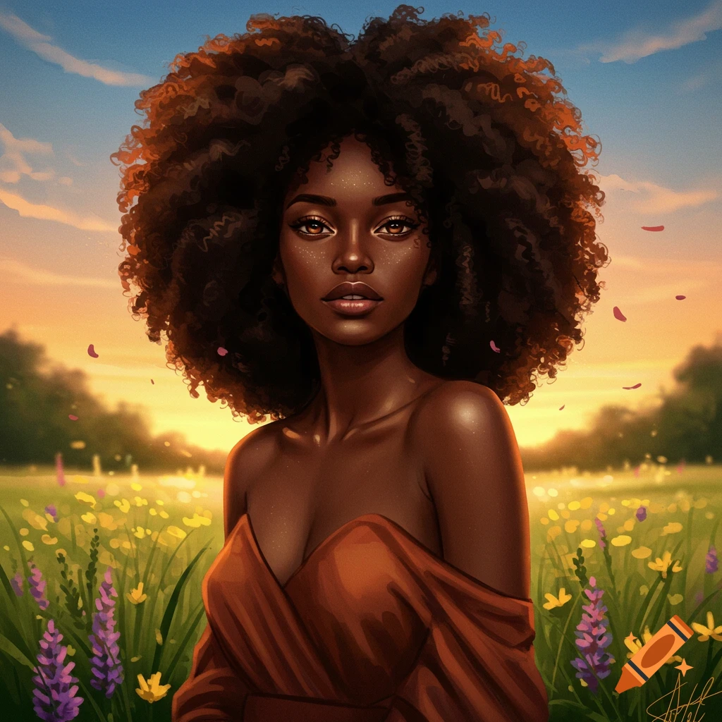 Digital painting of a beautiful Black woman with large curly hair, standing in a field of yellow and purple flowers at sunset.