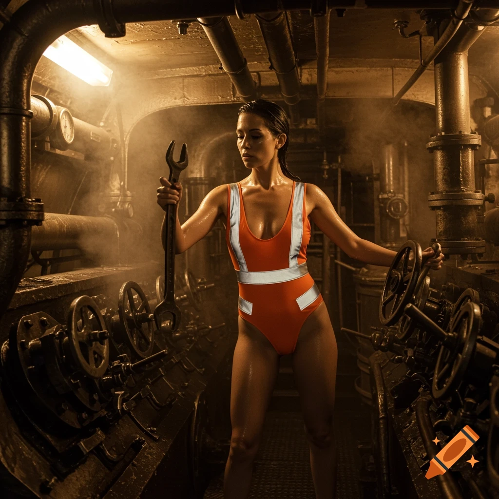 A woman in an orange high-visibility swimsuit holds a large wrench in a steamy, grimy engine room. Photorealistic.
