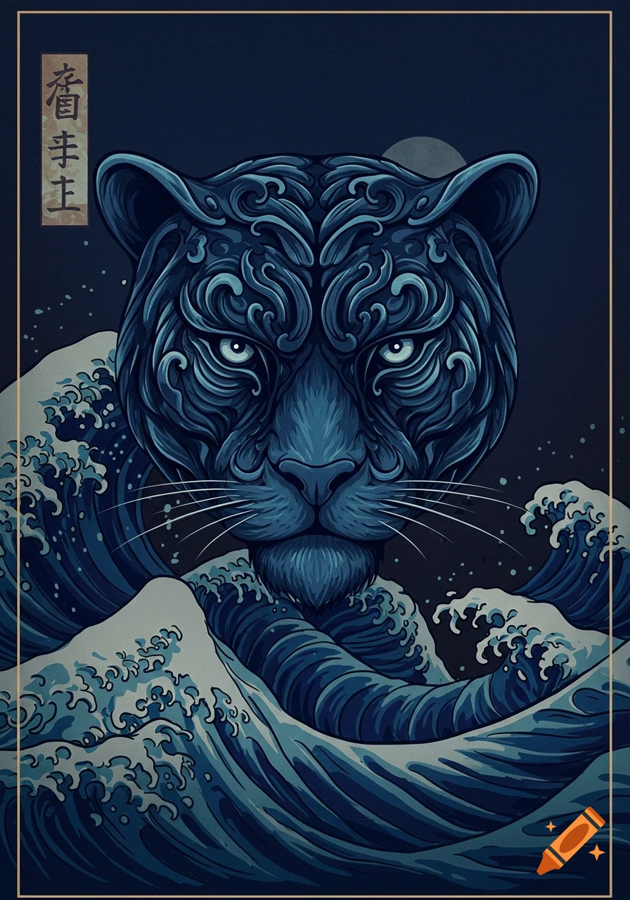 A stylized dark blue panther head with intricate wave patterns on its fur, rising from crashing Japanese-style waves under a faint moon. It has glowing light blue eyes and white whiskers.