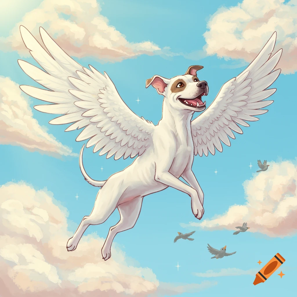 A cartoon white American bulldog with feathered wings flies happily through a blue sky with clouds and small birds.