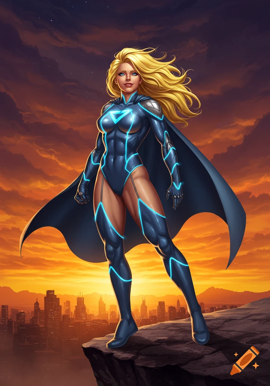 A blonde female superhero in a dark blue and neon suit with a cape stands on a cliff overlooking a city at sunset, in a comic art style.
