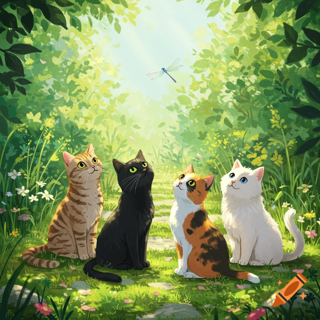 Four stylized cats of different colors sit in a vibrant green forest clearing, looking up at a dragonfly flying above them.