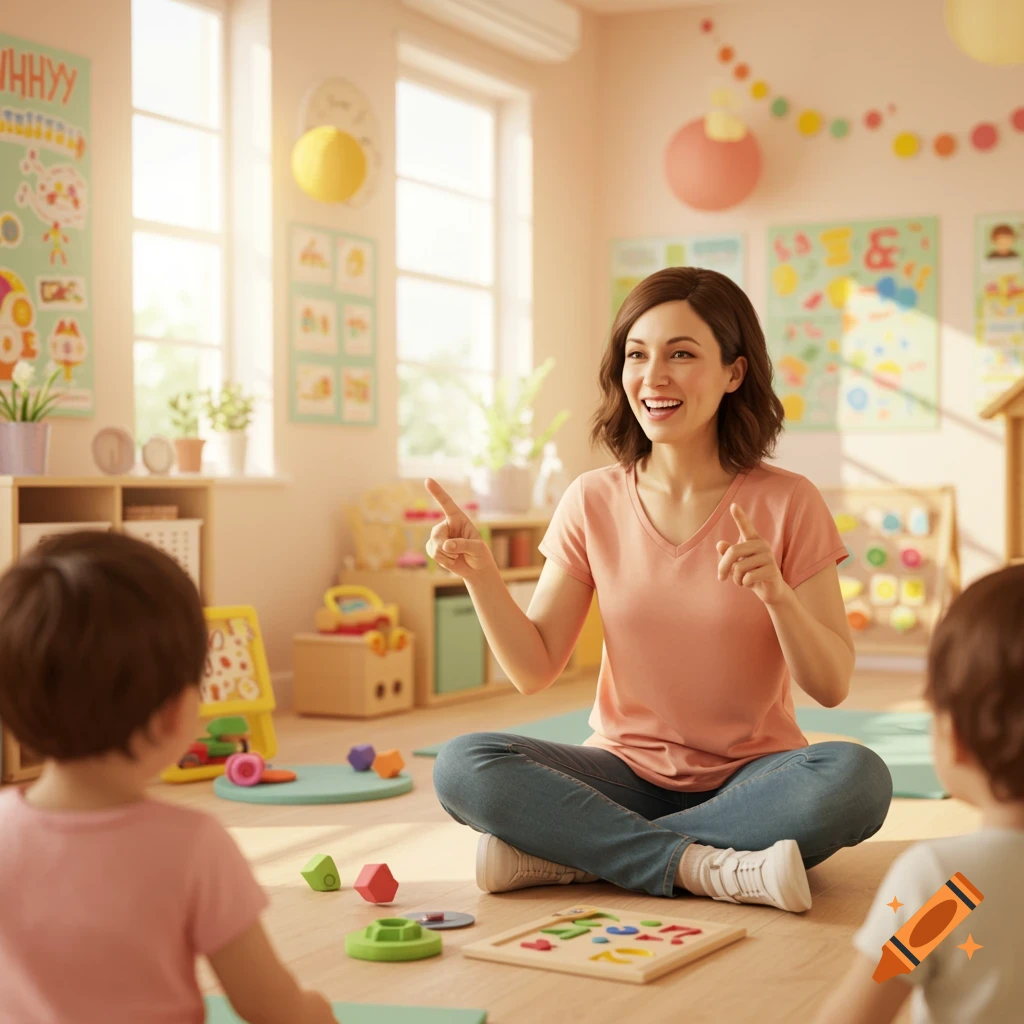A smiling female teacher sits criss-cross applesauce on the floor, pointing and talking to two young children in a bright, colorful classroom. Educational toys are scattered around.