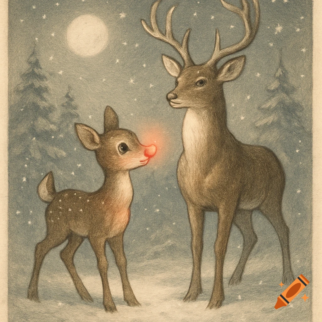 A vintage-style illustration of a fawn with a glowing red nose standing next to an adult buck deer in a snowy, starry forest.