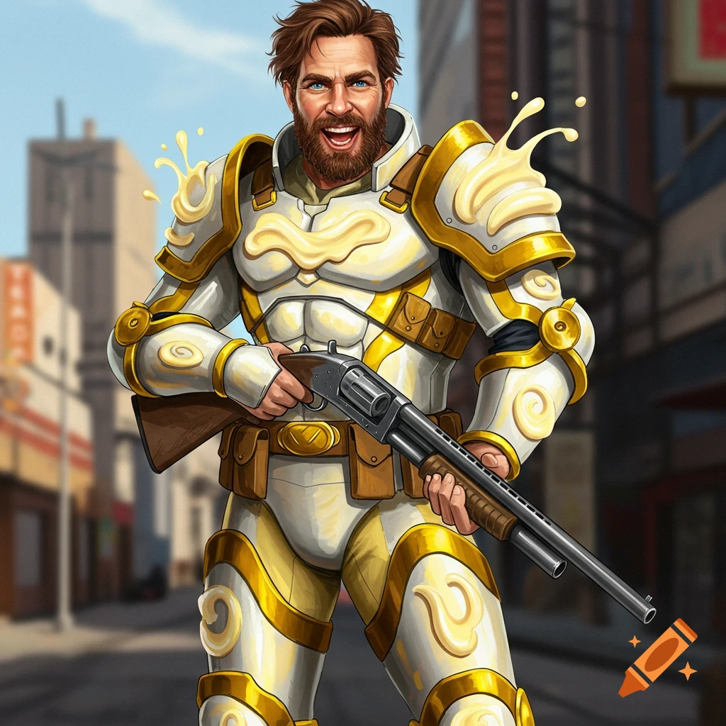 A bearded man in a mayonnaise-themed superhero armor holds a shotgun on a city street, digital illustration.