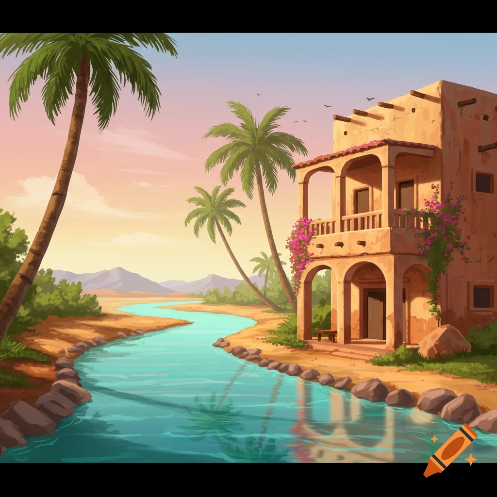 Illustrated desert oasis with a winding blue canal, palm trees, and a two-story adobe-style house under a sunset sky.