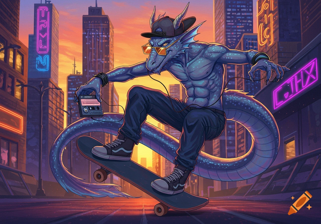 A cool blue dragonkin in a backwards hat, sunglasses, and jeans skateboards down a city street at sunset, holding a Walkman.
