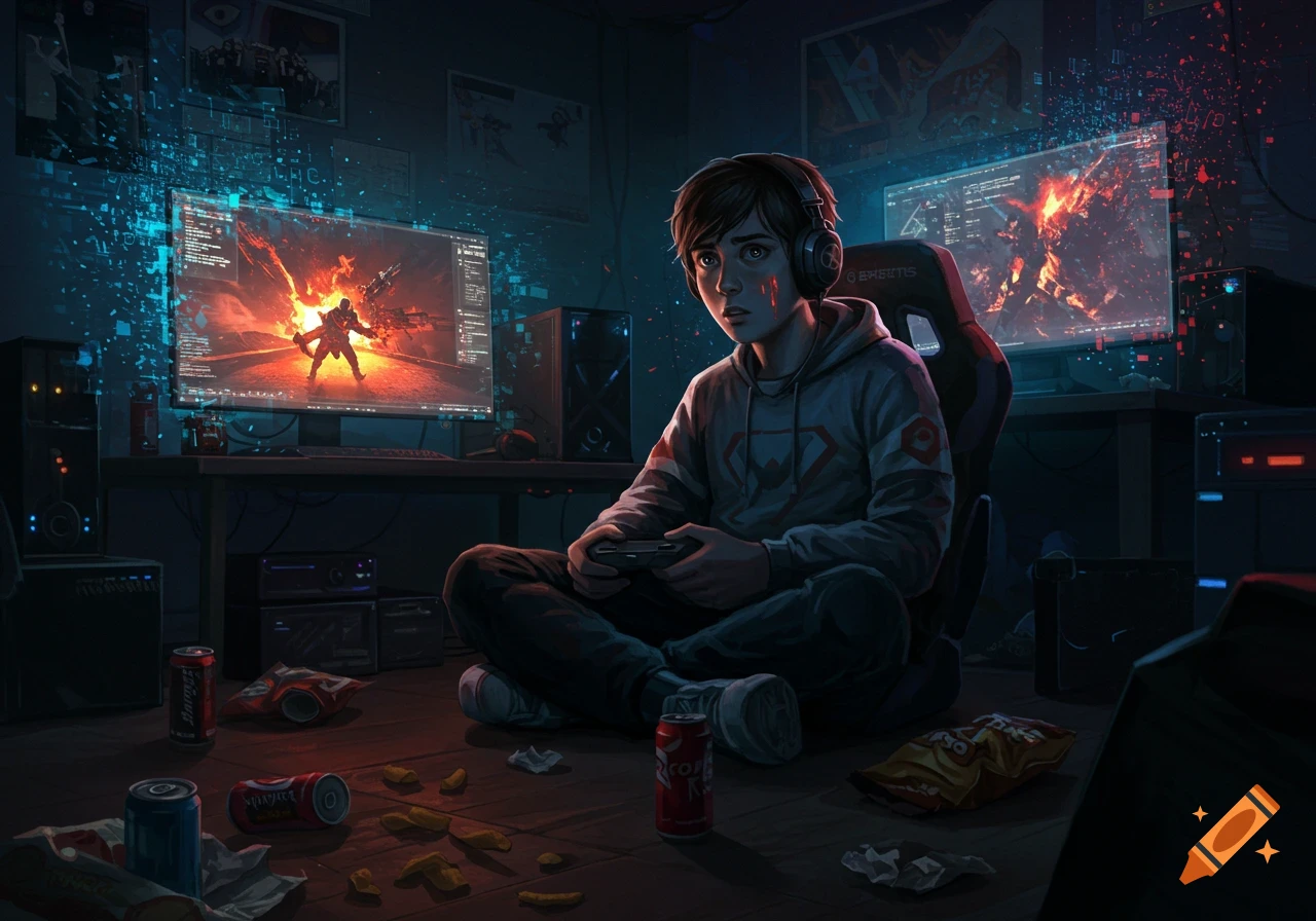 A young person with headphones sits on a floor cluttered with soda cans and chip bags, playing a video game on a monitor in a dark, neon-lit room.