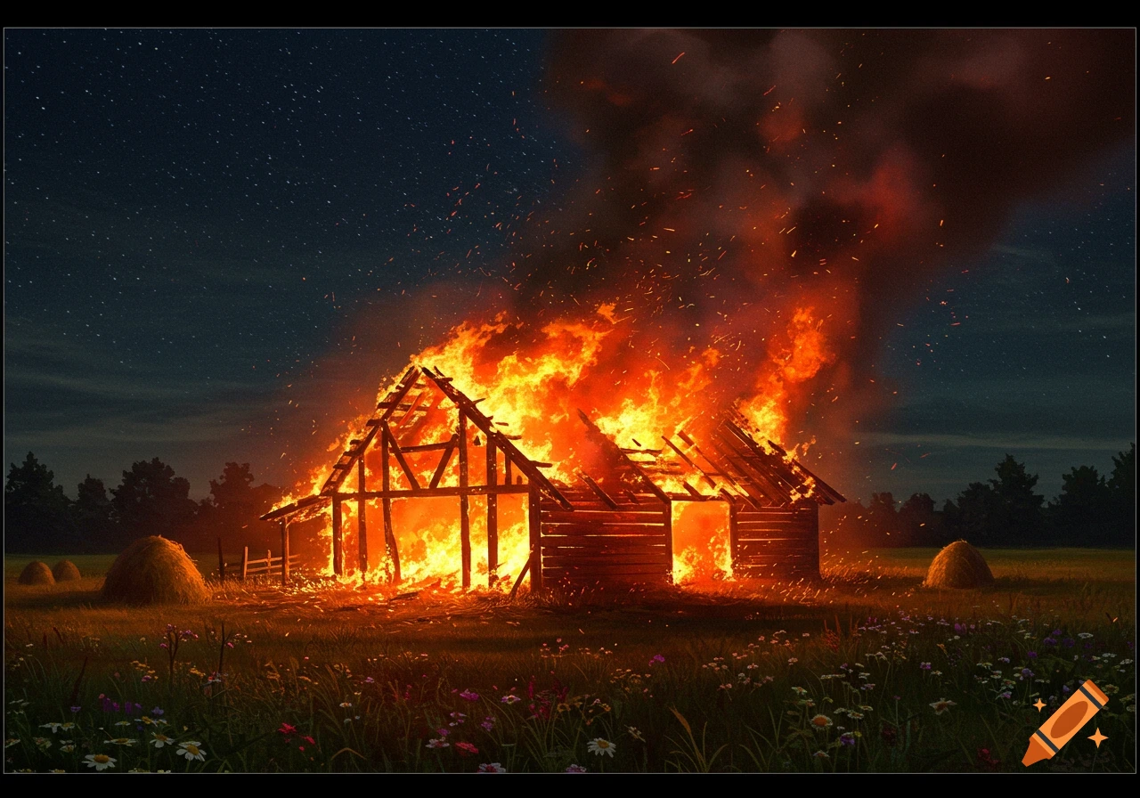 A burning barn under a starry night sky in a grassy field with hay bales.