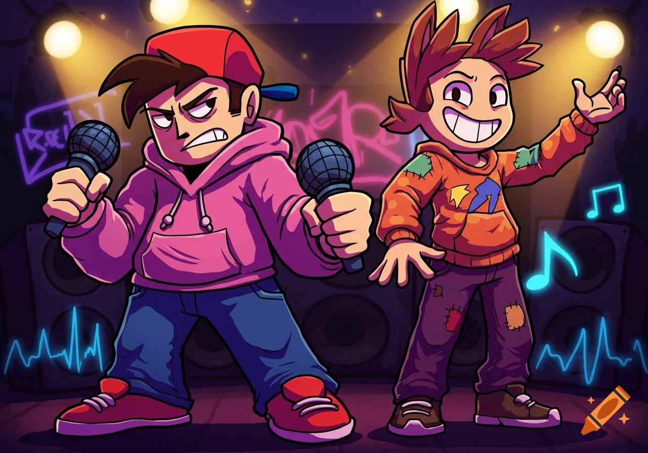 Two stylized cartoon male characters rap on a dark stage with glowing graffiti and musical notes. The character on the left wears a pink hoodie and red cap, holding a microphone with an angry expression. The character on the right wears an orange patched hoodie, smiling widely with one arm raised.