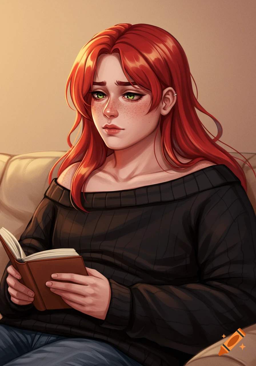 A semi-realistic digital illustration of a woman with long red hair and freckles, in a black sweater, reading a book on a couch.