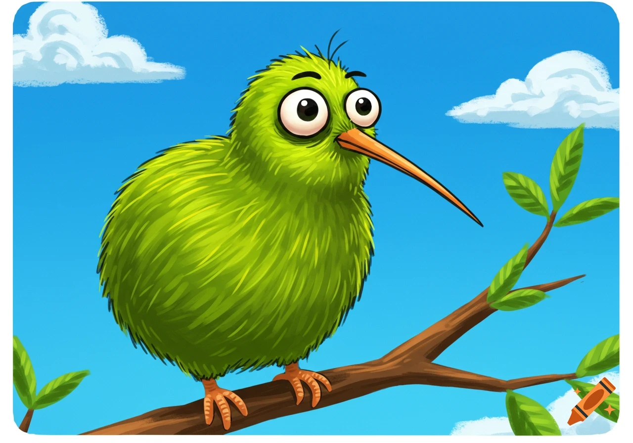 A cartoon green kiwi bird with large eyes sits on a branch against a bright blue sky with white clouds.