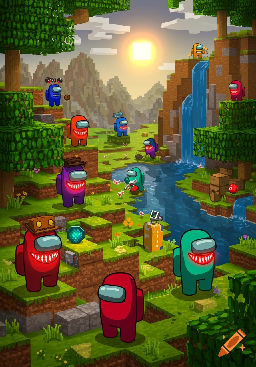 Among Us characters with red teeth inhabit a vibrant, pixelated Minecraft landscape with a river and trees.