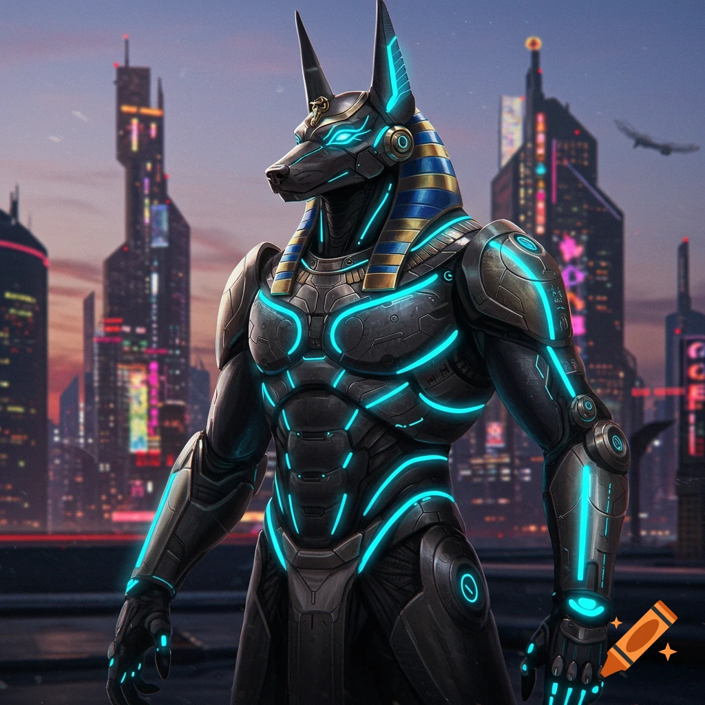 A majestic futuristic Anubis in black and gold armor with glowing blue lights stands against a cyberpunk city skyline at dusk.