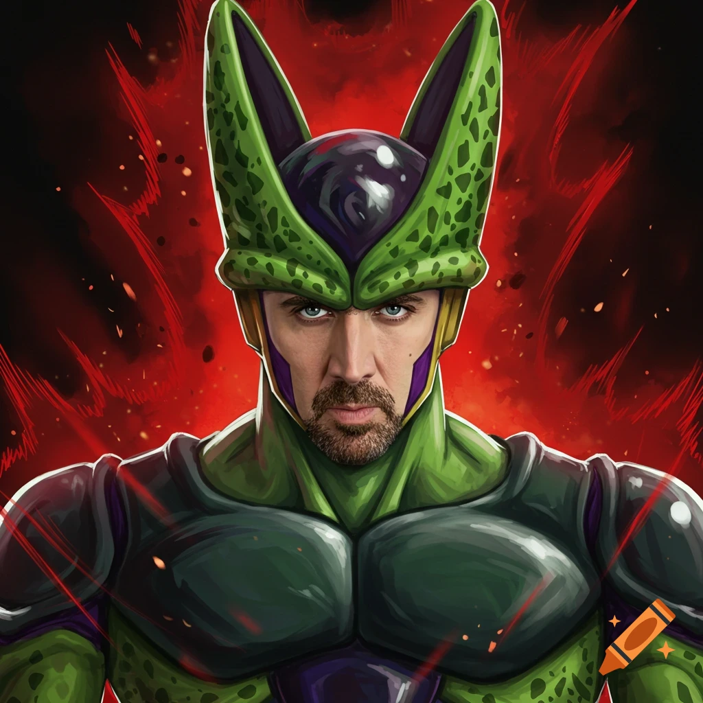 Digital art illustration of actor Nicolas Cage's face on the body of Cell from Dragon Ball, set against a red background.