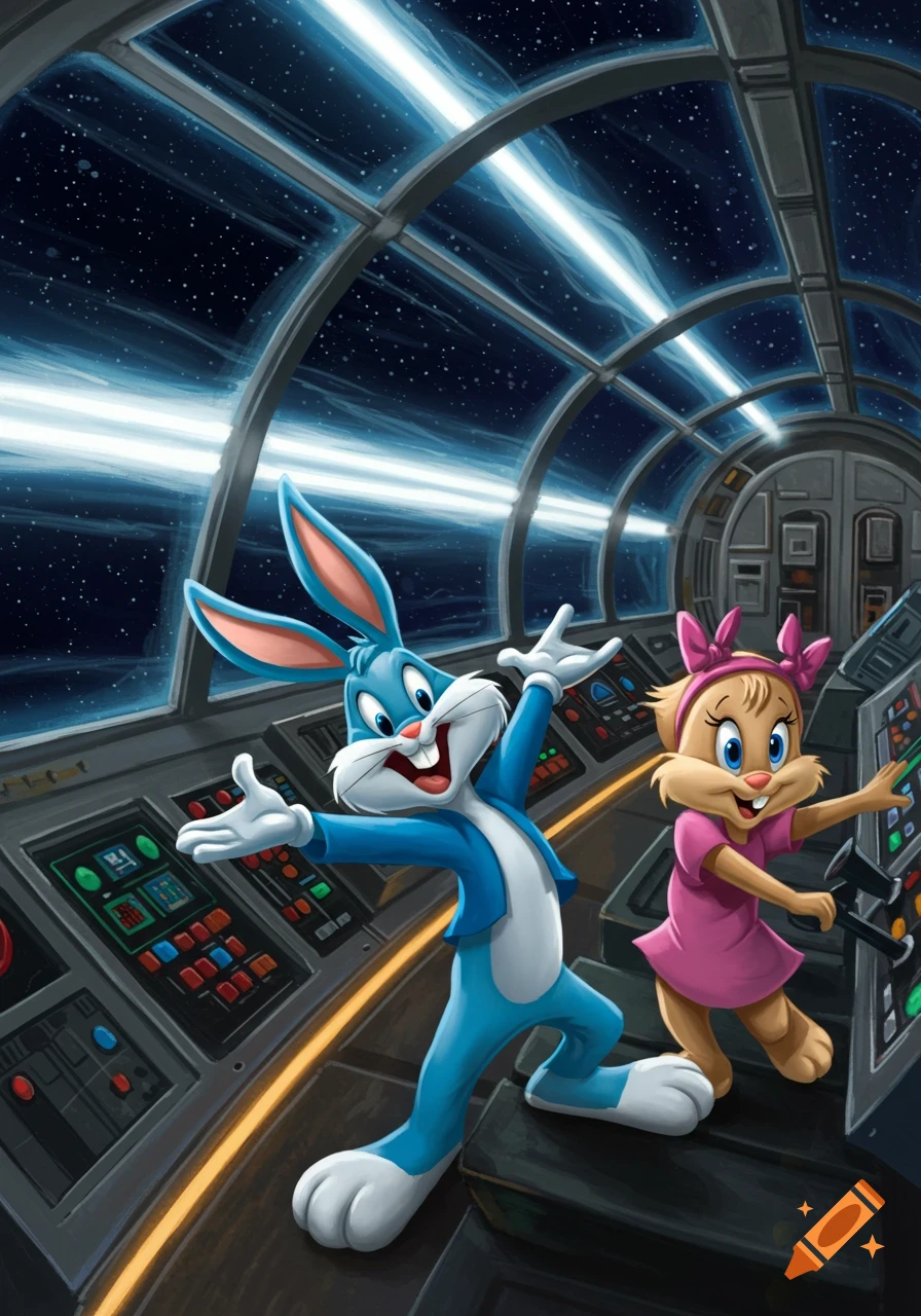 A blue cartoon rabbit and a brown cartoon rabbit in a spaceship cockpit with a starfield and hyperdrive streaks outside the window.