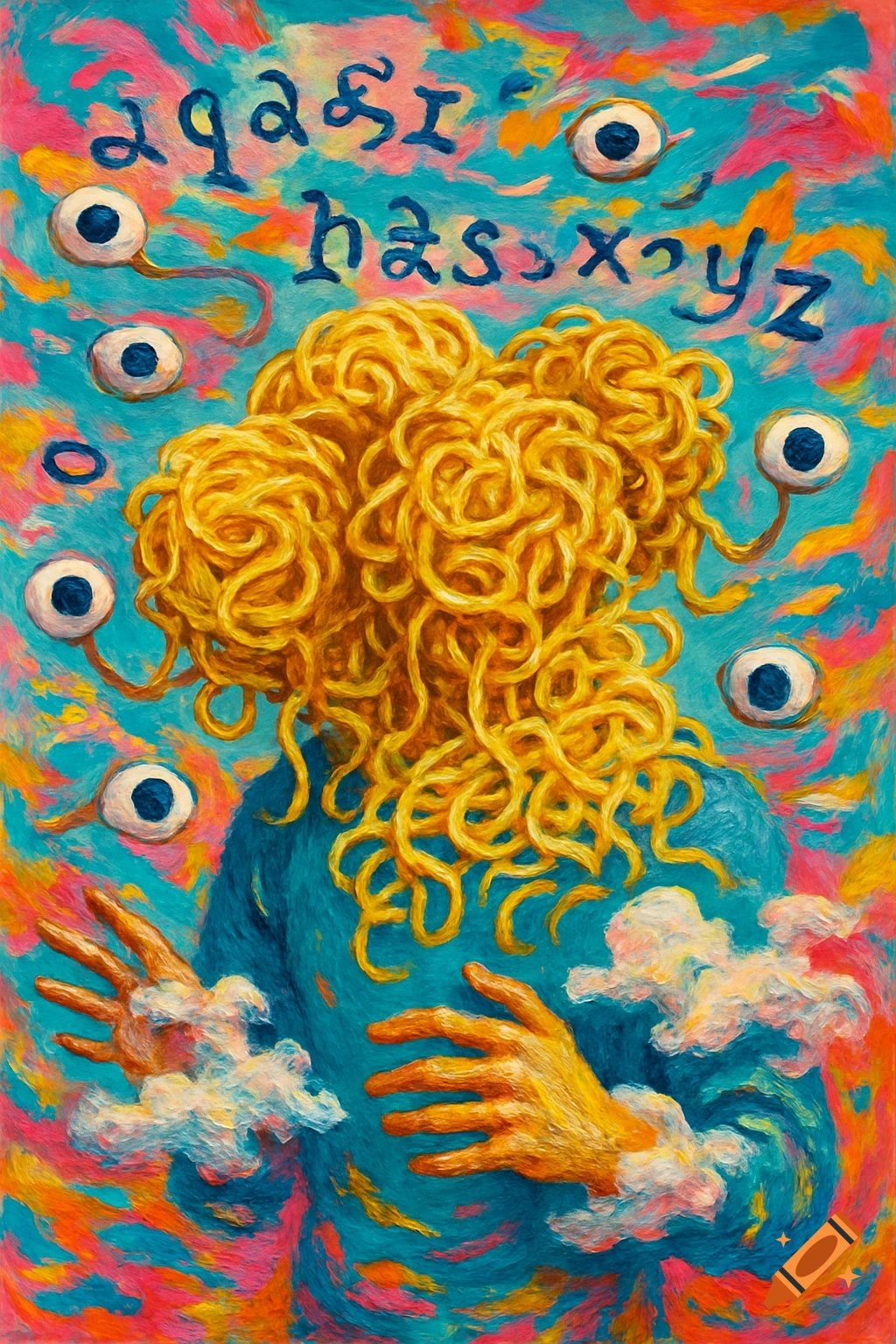 A surreal painting of a figure with spaghetti for hair, floating eyeballs, hands turning into clouds, and melting, vibrant colors. Nonsensical text in the sky.