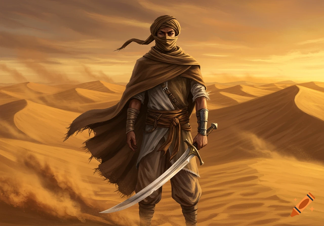 A male desert warrior in a turban and cloak stands holding a sword amidst vast sand dunes, digital painting.