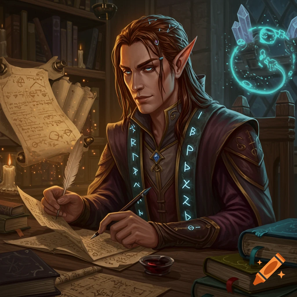 An elf wizard with long auburn hair and glowing runes on his robes sits at a cluttered desk, writing on scrolls with a quill and pen. Arcane crystals and swirling magical diagrams float in the background, illuminated by candlelight. High fantasy, scholarly tone.