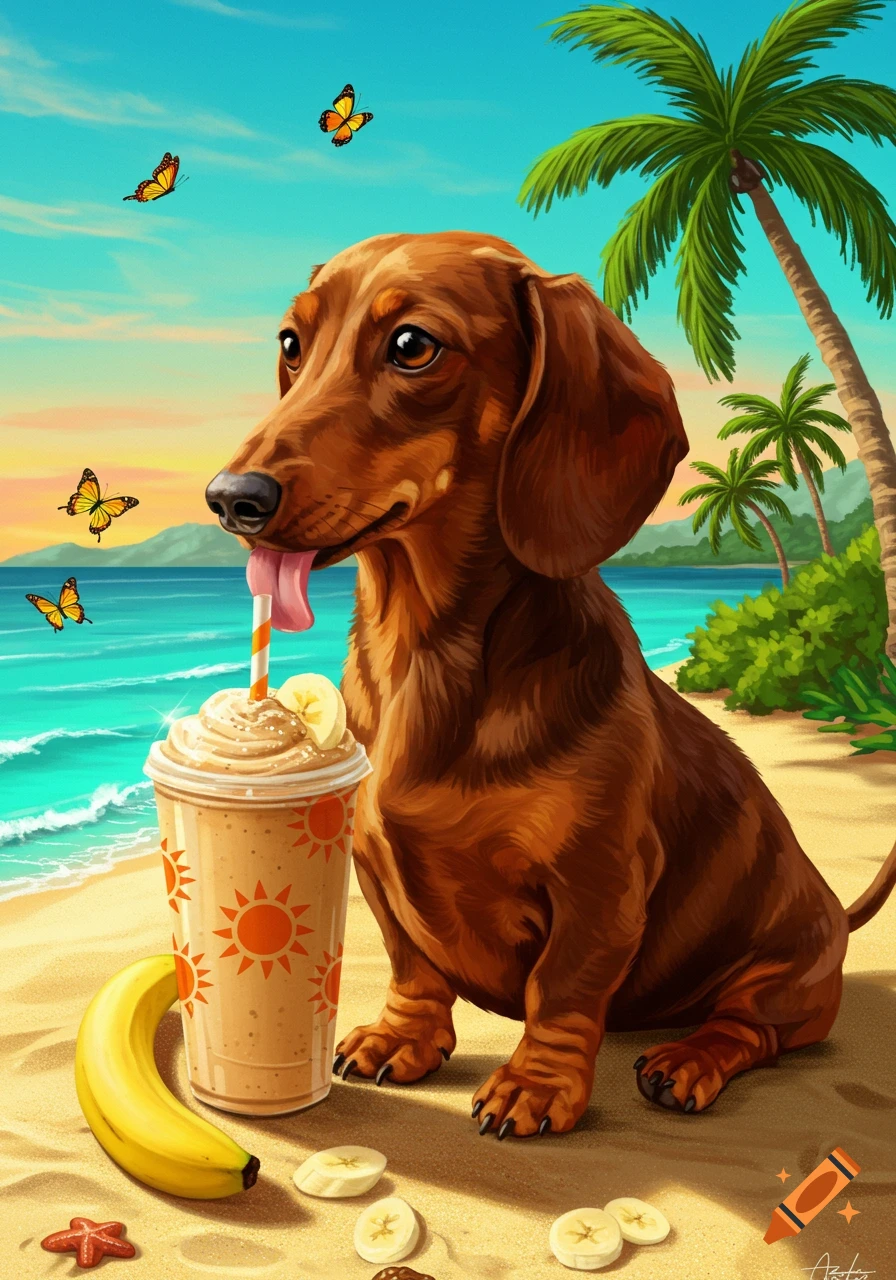 Vibrant digital illustration of a happy dachshund licking a banana smoothie on a tropical beach with palm trees and butterflies.