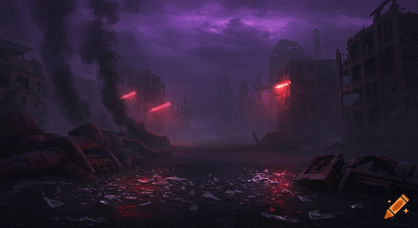 Post-apocalyptic cityscape at dusk with ruined buildings, smoke, red neon lights, and scattered debris under a purple sky.