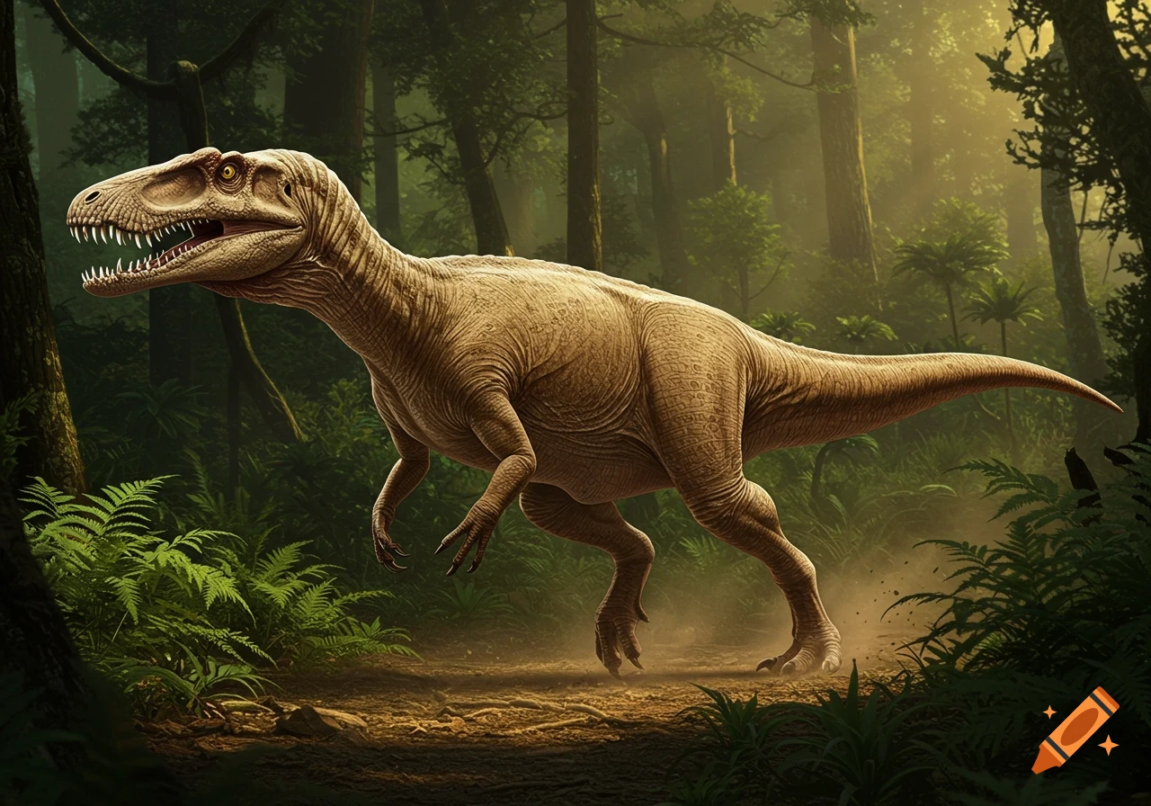 A realistic Herrerasaurus walks on a dirt path through a lush, sunlit prehistoric jungle.