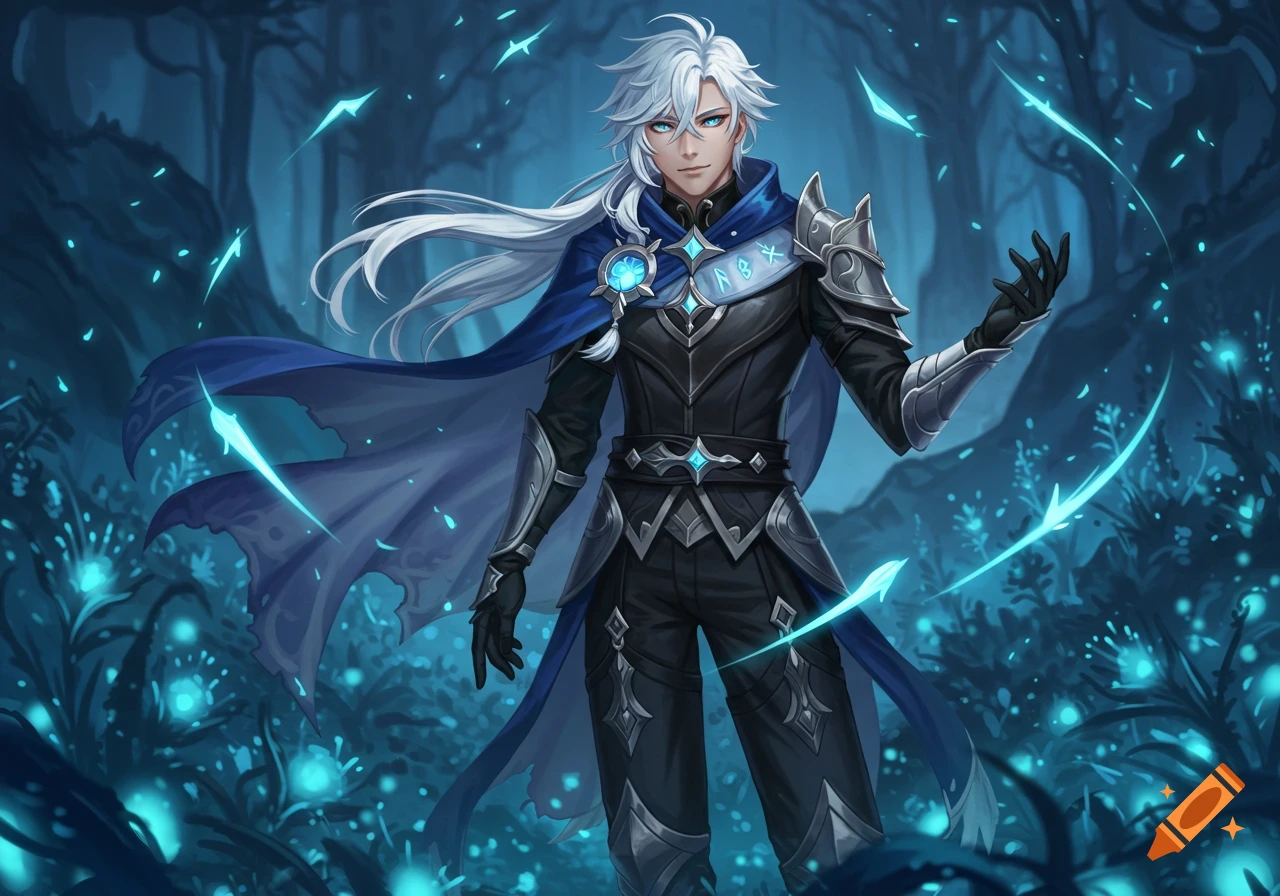 Anime-style male character with white hair and blue eyes, wearing black and silver armor, in a glowing blue fantasy forest.