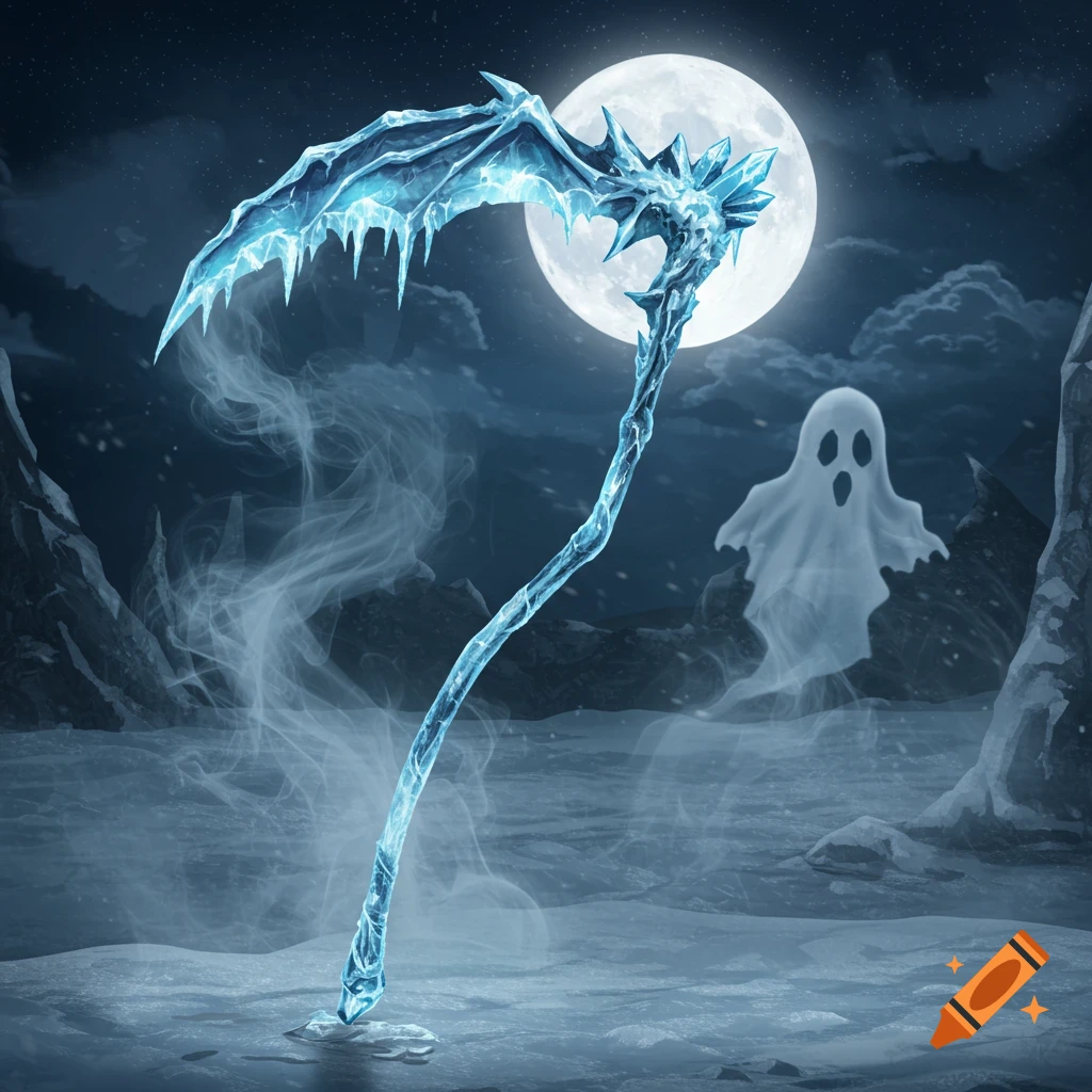 A detailed ice scythe with bat-wing icicle details stands in a snowy, moonlit landscape with a spooky ghost nearby.